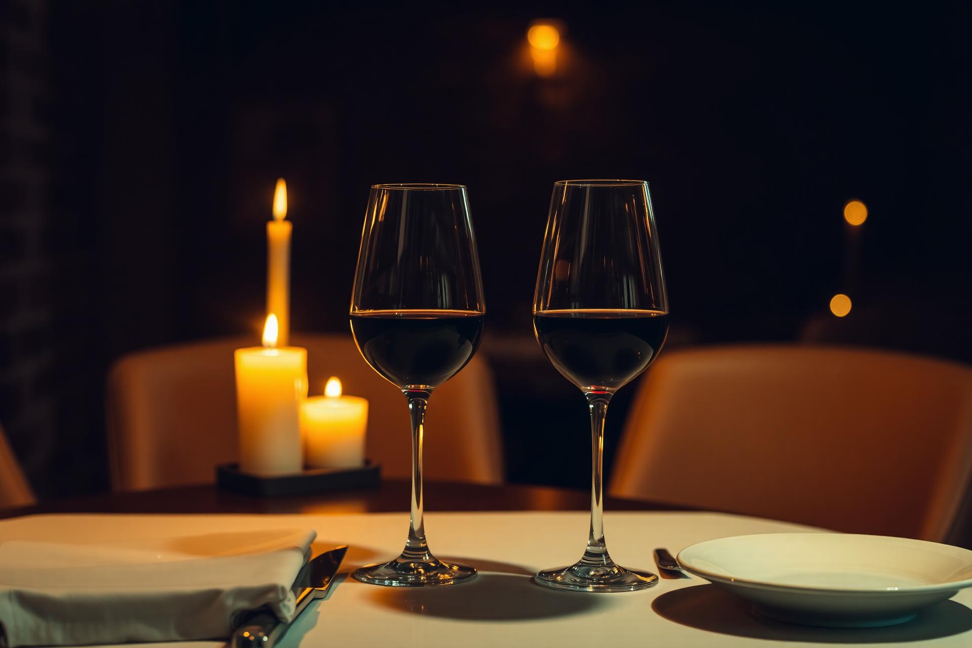Mesa preparada para dois com taças de vinho em ambiente intimista