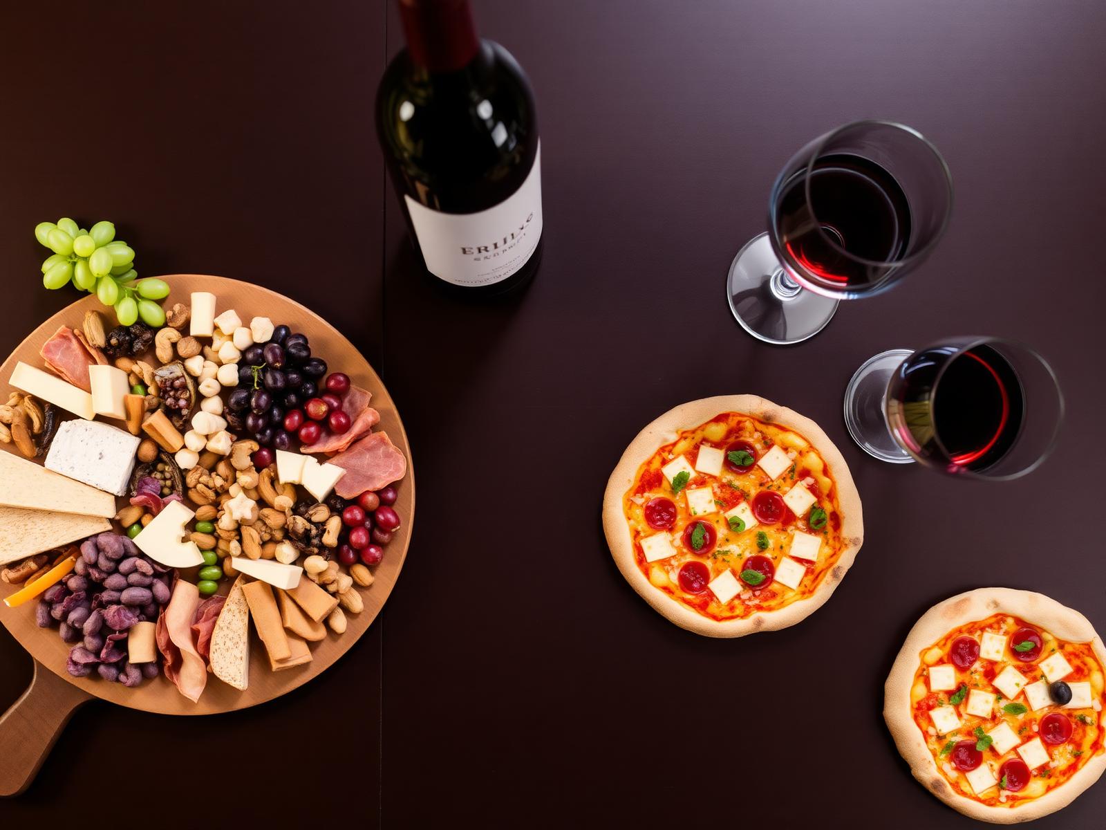 Tábua de frios, pizzas e taças de vinho preparadas para dois